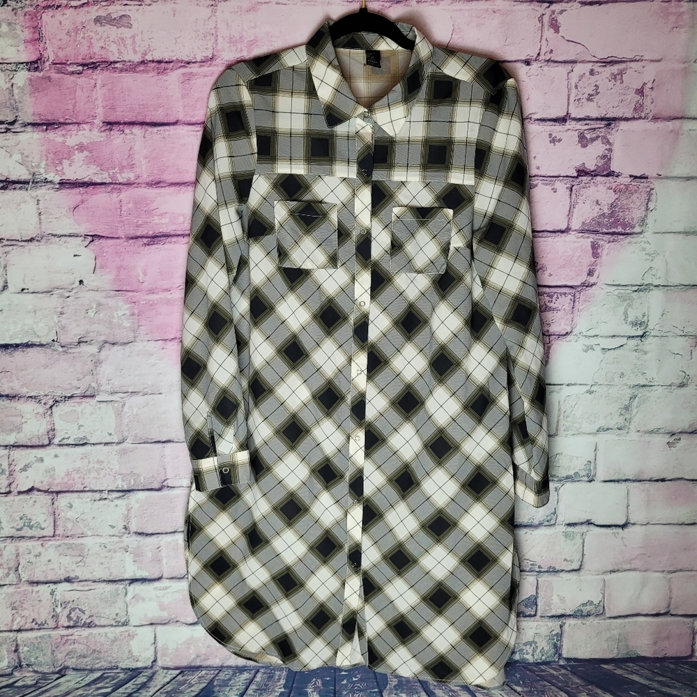 PRANA FLINT MAXI TUNIC SHIRT DRESS GRAY PLAID BUTTON FRONT M